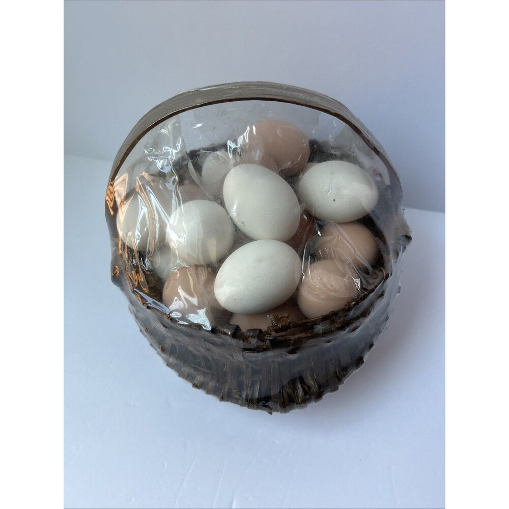 Wicker Basket With  Wooden Farmhouse Eggs Country Decor
